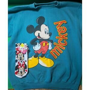 MICKEY MOUSE x GENIUS Green Sweatshirt Crewneck Sz L w/ NWT Minnie Mouse Socks
